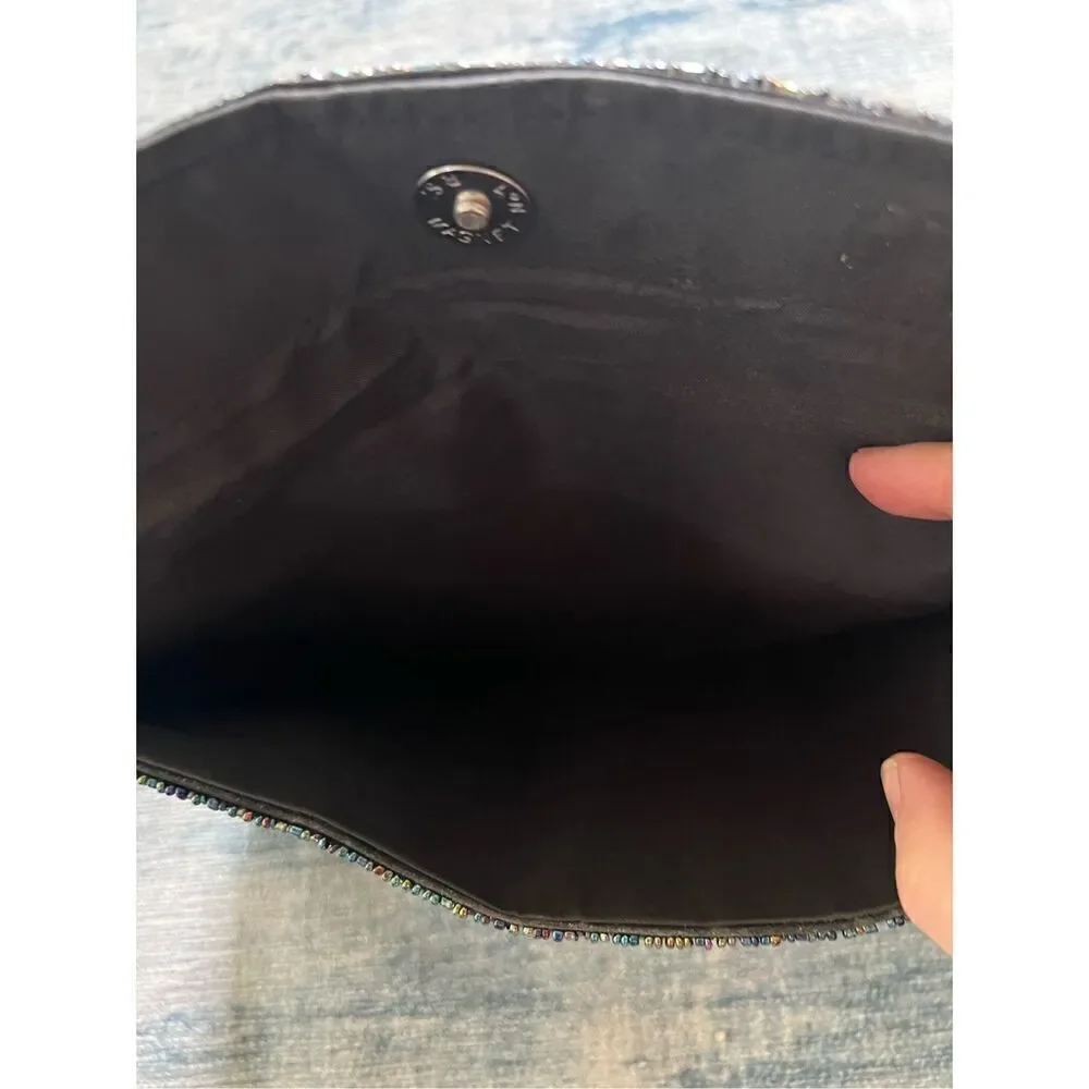 Black Silver Iridescent Floral Beaded Fold Over Magnetic Closure Clutch Bag